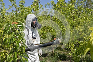 Farmer in Coveralls With Gas Mask Spraying Orchard