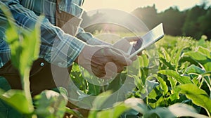 Farmer in coveralls using tablet in the middle of a lush green soybean field