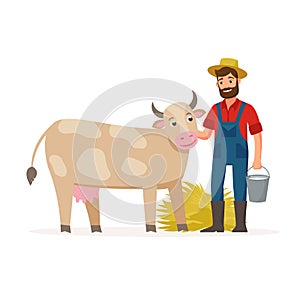 Farmer with a cow and bucket with milk and hay. Farming concept vector illustration in flat design. Happy farmer and