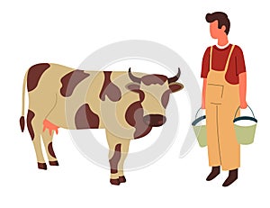 Farmer and cow farming and livestock animal or cattle milk buckets