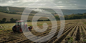 A farmer cultivates a field on a tractor. Agriculture.