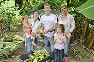 Farmer and customer family in banana plantation