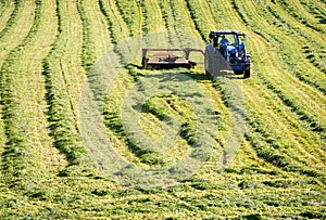 Farmer Cutting Hay With Tractor