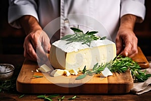 A farmer demonstrates a piece of cheese he made with his own hands. Homemade cheese production on a farm. Natural product. Close-
