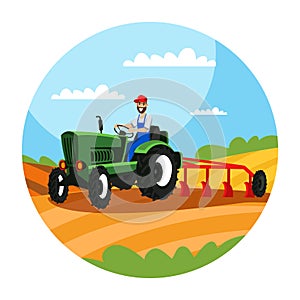 Farmer driving tractor with plough illustration