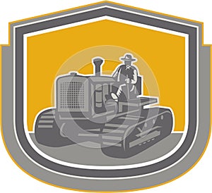 Farmer Driving Tractor Plowing Farm Shield Retro