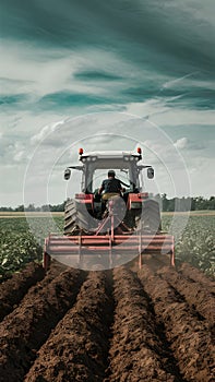 Farmer Driving Tractor Working Soil in Agricultural Field Under Cloudy Sky