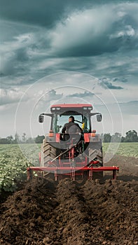 Farmer Driving Tractor Working Soil in Agricultural Field Under Cloudy Sky