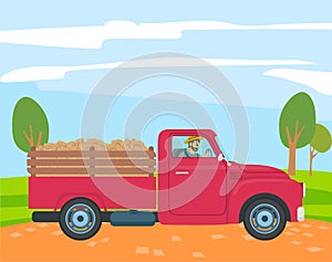 Farmer Driving Truck with Potato in Trunk, Farming