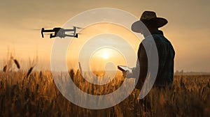 Farmer With Drone Controller at Sunset