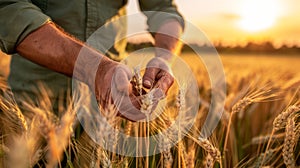 Farmer examining wheat grains.AI generated image photo