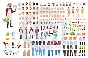 Farmer, farm or agricultural worker constructor or DIY kit. Set of male character body parts, facial expressions