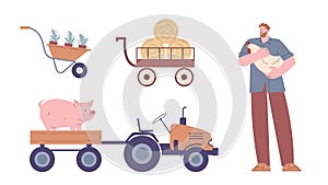 Farmer and farm animals. Agriculture technic, hen and cute flat pig. Tractor and wheelbarrow, harvest season vector