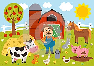 farmer and farm animals in the barnyard