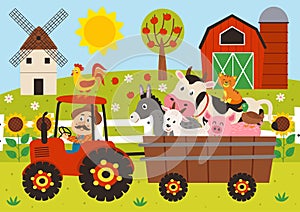 farmer and farm animals riding a tractor with a trailer