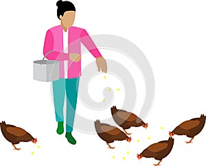 Farmer feeding hen vector icon isolated on white