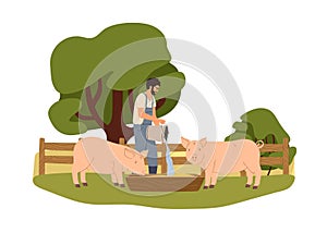 Farmer feeding pigs, caring for swine, giving feed. Man, farm worker pouring water in trough. Livestock breeding. Rural photo