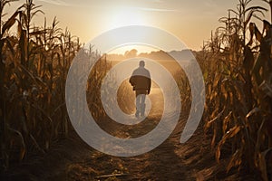 Farmer field corn sunset. Generate Ai