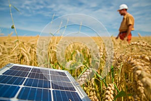 farmer in a field of wheat with portable solar panels used for irrigation