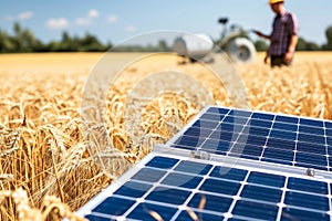 farmer in a field of wheat with portable solar panels used for irrigation