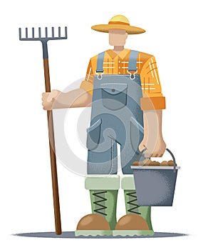 Farmer, flat design, farmer with a bucket of potatoes and a rake