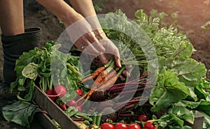 Farmer folding fresh vegetables in wooden box on farm at sunset. Woman hands holding freshly bunch harvest. Healthy organic food,