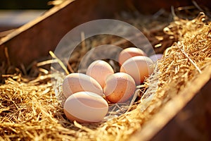 A Farmer Gathers Fresh Eggs at an Eco Poultry Farm with Free Range Chickens. created with Generative AI