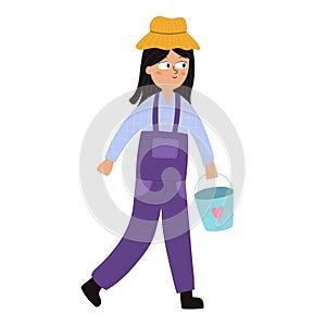 Farmer girl carrying a bucket in cartoon style. Cute farm character isolated element