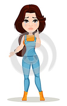 Farmer girl dressed in work jumpsuit. Cute cartoon character crying, upset.