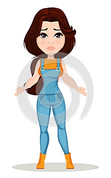 Farmer girl dressed in work jumpsuit. Cute cartoon character looks lost or disappointed