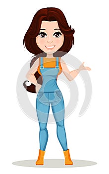 Farmer girl dressed in work jumpsuit. Cute cartoon character showing showcase sign.