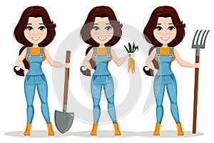 Farmer girl dressed in work jumpsuit. Set. Cute cartoon character.