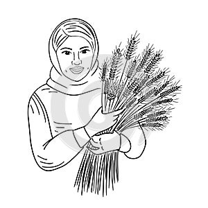 Farmer girl holding wheat hand drawn.