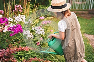 Farmer girl in summer straw hat. Little gardener farming, watering flowerbed with pink flowers, having fun in garden. Big green