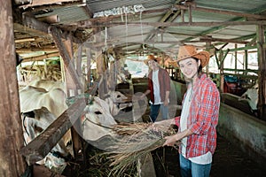 farmer girl wearing a hat smiling to the camera while holding straw background male cattle rancher