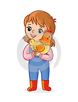 The farmer girl on a white background holds a chicken in her hands and smiles. Vector illustration with a child