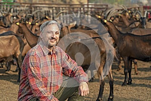 Farmer With Goats at His Organic Goat Dairy Farm