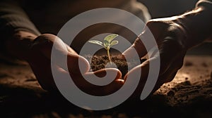 Farmer hand holding a fresh young plant. Symbol of new life and environmental conservation