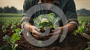 Farmer hand holding young cauliflower plants growing on fertile soil with natural green and brown background.