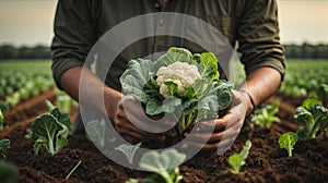 Farmer hand holding young cauliflower plants growing on fertile soil with natural green and brown background.