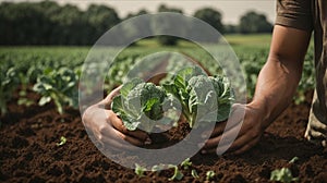 Farmer hand holding young cauliflower plants growing on fertile soil with natural green and brown background.