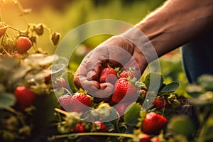 A farmer hand-picking strawberries from the field, highlighting the natural and sustainable farming practices associated with this