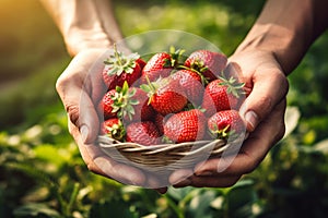 A farmer hand-picking strawberries from the field, highlighting the natural and sustainable farming practices associated with this