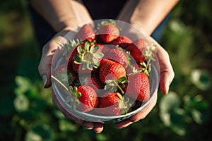 A farmer hand-picking strawberries from the field, highlighting the natural and sustainable farming practices associated with this