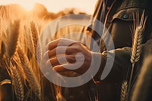 Farmer hand touching ripening yellow wheat ears in a field at sunrise, Generative AI