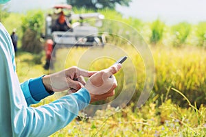 farmer hand using mobile phone. agriculture concept