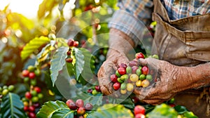 Farmer handpicking arabica and robusta coffee berries in agricultural field for fresh harvest