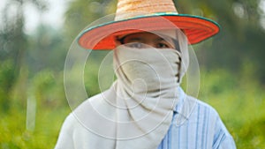 Farmer hands gesture for using user interface and mobile technology with blank space for cyber and futuristic concept in nature fa