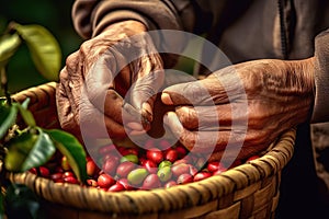Farmer Hands Tenderly Collecting Red Coffee Beans on a Bountiful Plantation. created with Generative AI
