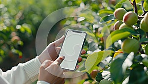 Farmer hands using digital mobile phone to collect data in plum agriculture farm. Smart farming concept. Blank screen photo
